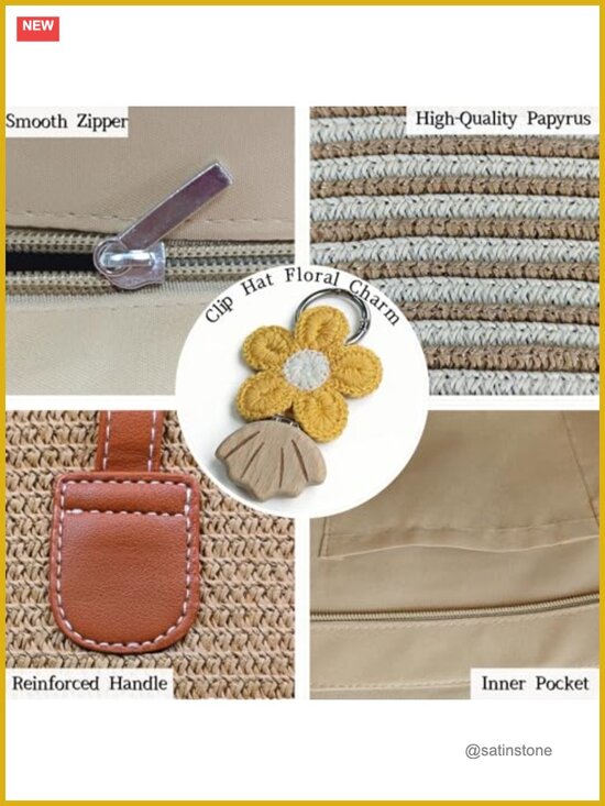 Straw Wide Brim Sun Hat & Woven Bag Set with Clip